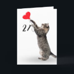 Carte playful tabby cat for 21st birthday card<br><div class="desc">Gray tabby cat with red heart balloon for 21st birthday on white background. Background color can be changed</div>