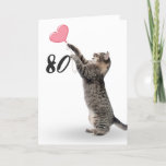 Carte playful tabby cat for 80th birthday card<br><div class="desc">Gray tabby cat with pink heart balloon for 80th birthday on white background. Background color can be changed</div>