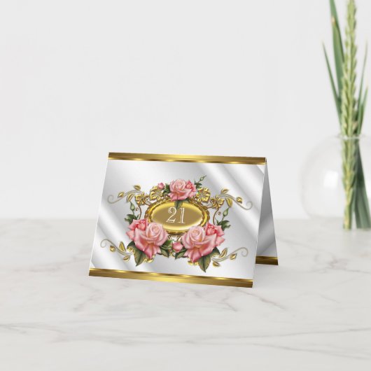 Carte pliée 21e Anniversaire Rose Or Rose Blanc 3 (Devant)