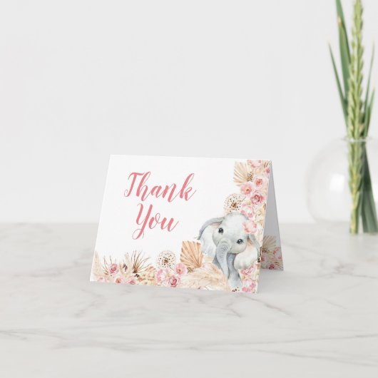 Carte pliée Baby shower fille éléphant Boho rose (Devant)