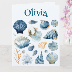Carte pliée Blue Seashell Nom personnalisé