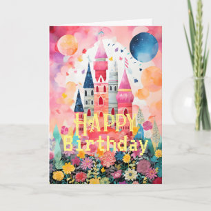Carte pliée Château Magique Coloré Rose Pastel
