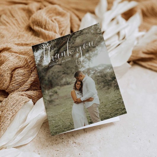 Carte pliée en Merci Mariage photo en blanc Script