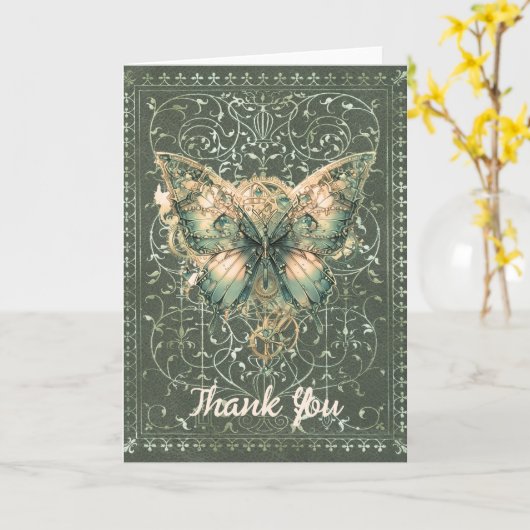 Carte pliée Fancy Green Steampunk Papillon (Fleur jaune)