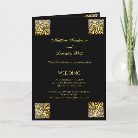 Carte pliée mariage Black Gold avec menu (Devant)
