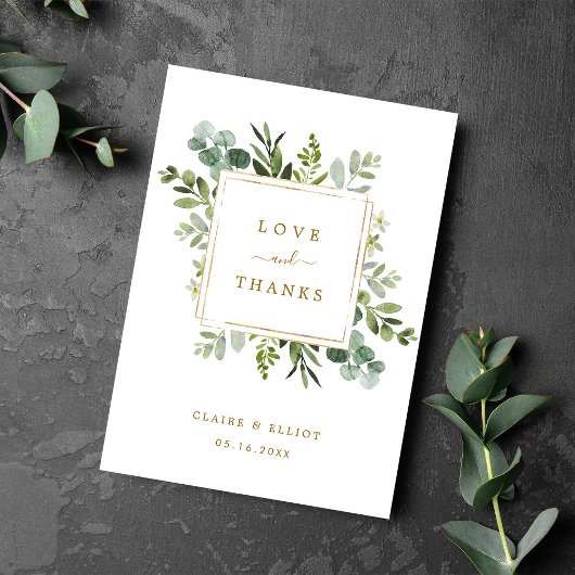 Carte pliée Merci vert or botanique