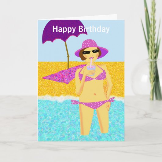 Carte Pneuka rose point bikini plage anniversaire fille (Devant)