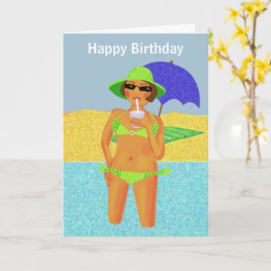 Carte Pneuka vert point bikini plage anniversaire fille (Fleur jaune)