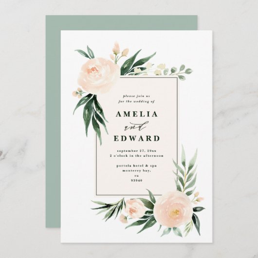 Carte Poche et crème feuille d'aquarelle + mariage du fe (Devant / Derrière)