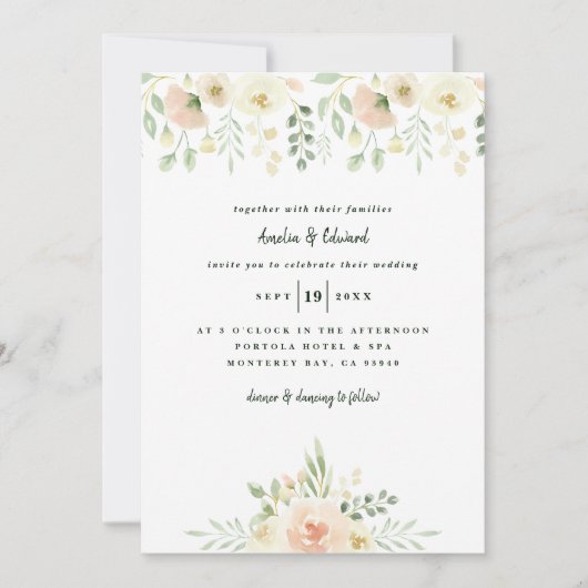 Carte Poche et crème feuille d'aquarelle + mariage du fe (Devant)