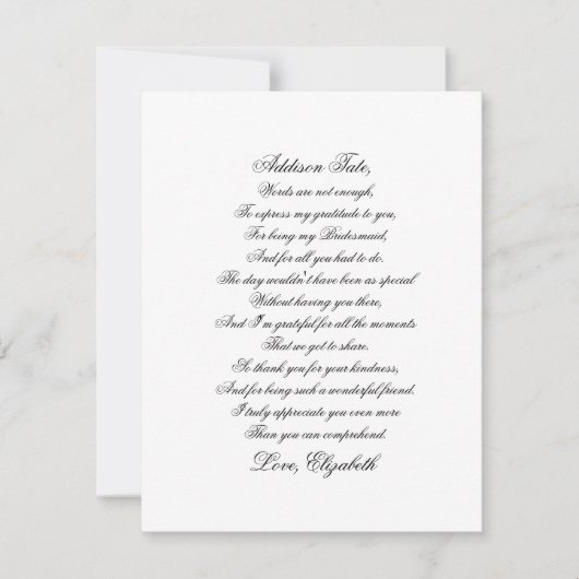 Carte Poem Script Merci Bridesmaid (Devant)