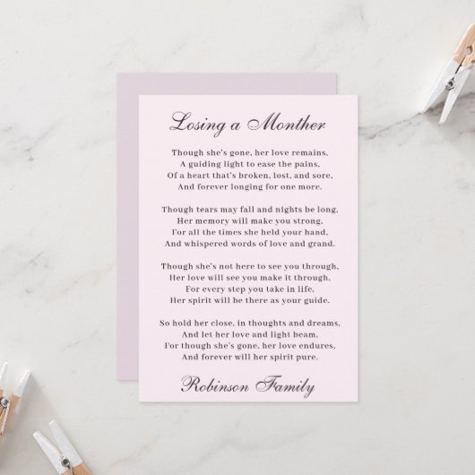 Carte Poème de perte d'une mère (Devant/Arrière en situation)
