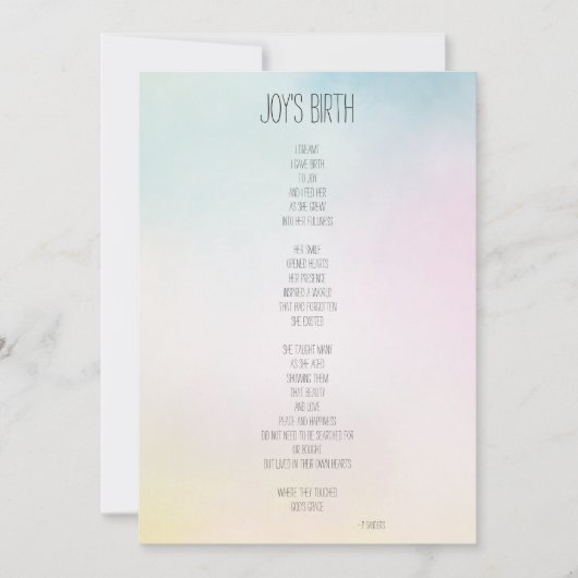 Carte Poème inspirateur de la naissance de Joy (Devant)