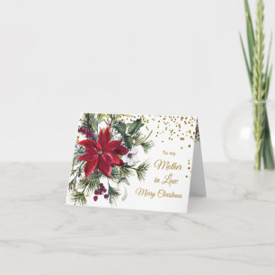 Carte Poinsettia, confetti d'or Mère en droit Noël
