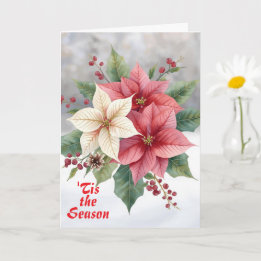 Carte Poinsettia Rose Blanc "C'est la Saison" Noël