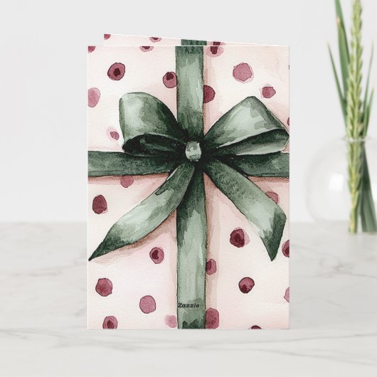 Carte Points roses de Noël Ruban vert & Bow (Dos)