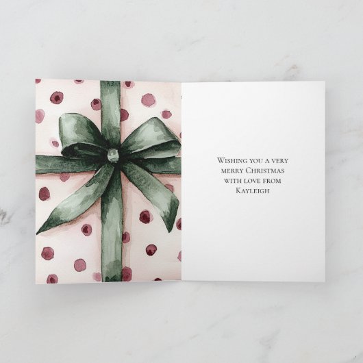 Carte Points roses de Noël Ruban vert & Bow (Intérieur)