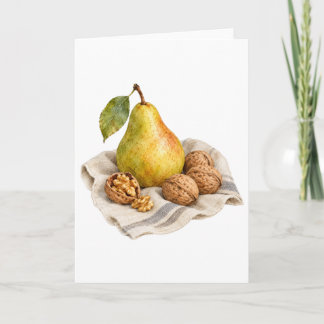Carte Poire et noix sur un tissu de lin