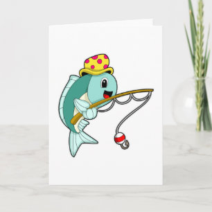 Carte Poisson à la pêche avec bâton de pêche et Casquett