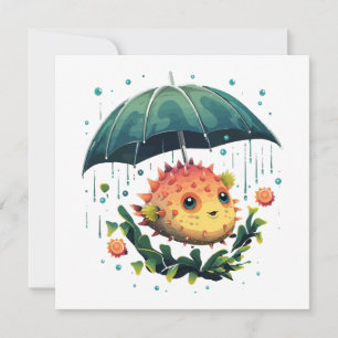 Carte Poisson ballon journée pluvieuse avec parapluie