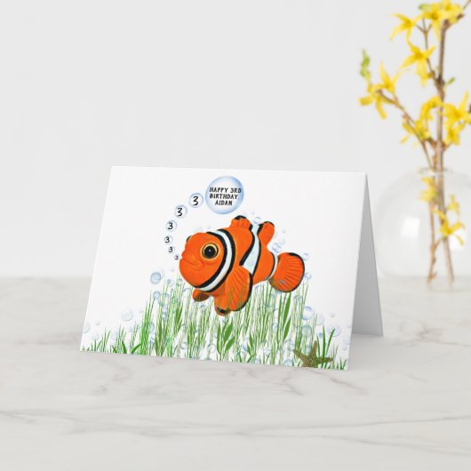 Carte Poisson clown en algue pour 3ème anniversaire (Fleur jaune)