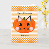 Carte Polka Dot Orange Citrouille Chat Halloween heureux (Fleur jaune)