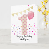 Carte Polka Dot rose 1er anniversaire fille (Fleur jaune)