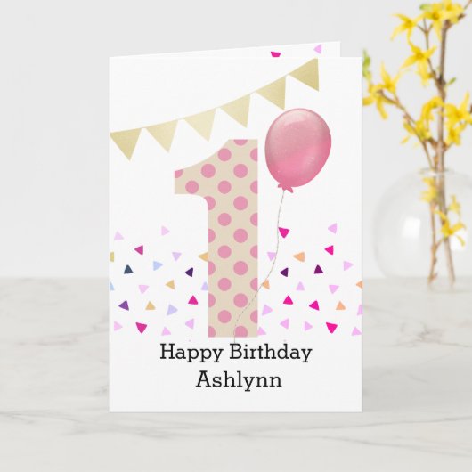 Carte Polka Dot rose 1er anniversaire fille (Fleur jaune)