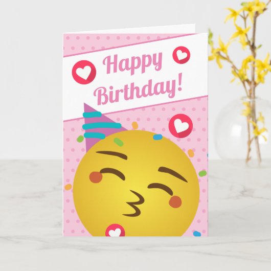 Carte Polka rose mignonne Dot Kiss Emoji Joyeux Annivers (Fleur jaune)