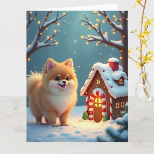 Carte Pomeranian in Gingerbread Village Christmas (Fleur jaune)