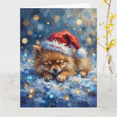 Carte Pomeranian Sleeping on Fairy Lights Christmas Hat (Fleur jaune)