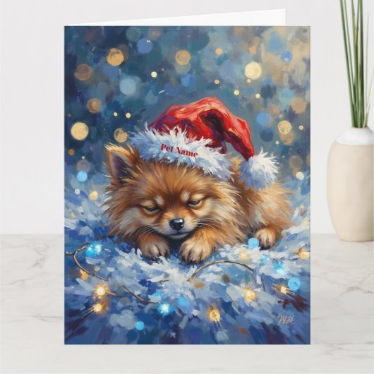 Carte Pomeranian Sleeping on Fairy Lights Christmas Hat (Devant)