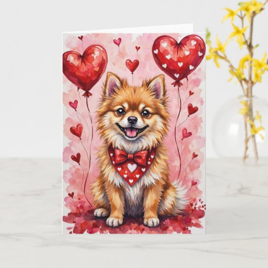 Carte Pomeranian Valentine’s Day Dog with Hearts Red (Fleur jaune)