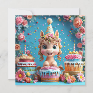 Carte Poney de dessin animé adorable célébrant un annive