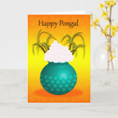 Carte Pongal heureux, avec un pot de riz et de plantes (Fleur jaune)