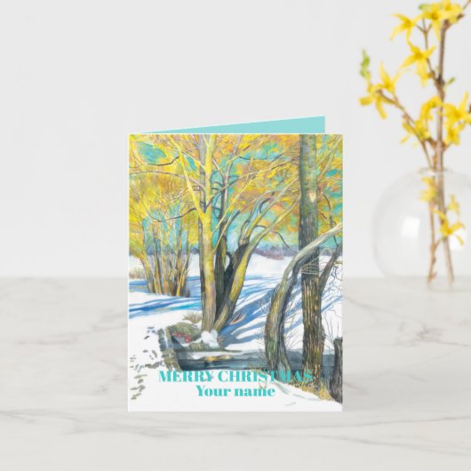 Carte Pont en hiver Peinture aquarelle (Fleur jaune)