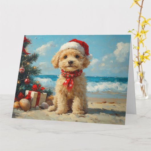 Carte Poodle Chien Noël Plage Vintage (Fleur jaune)