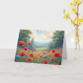 Carte Poppies d'anniversaire et champ de Dahlia (Fleur jaune)