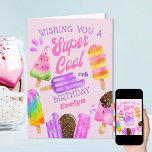 Carte Popsicle Custom Age Girl Super Cool Anniversaire<br><div class="desc">Carte d'anniversaire Popsicle personnalisée pour une fille spéciale. Ce design coloré présente des popsicles d'aquarelle et des crèmes glacées au chocolat sur les bâtons. Le texte dit "vous souhaitant un super cool #th anniversaire [nom]" dans la typographie fantaisiste et le lettrage rétro à la main. Le modèle est mis en...</div>