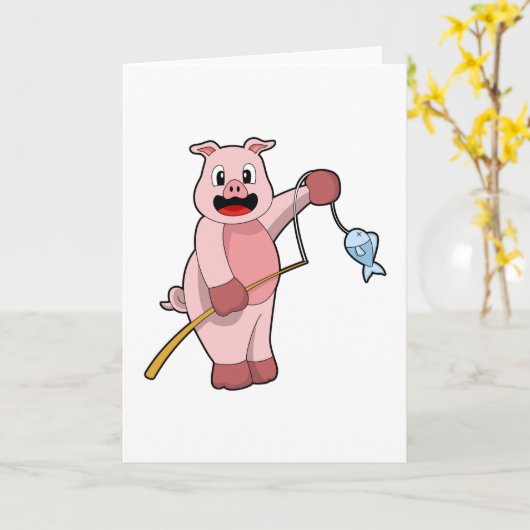 Carte Porc à la pêche avec canne à pêche et poisson (Fleur jaune)