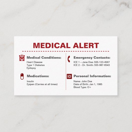 Carte Portefeuille d'alerte Médicale | Information (Devant)
