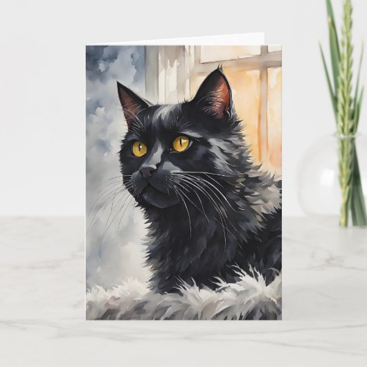 Carte Portrait à l'aquarelle d'un chat noir posé près d' (Devant)