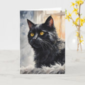 Carte Portrait à l'aquarelle d'un chat noir posé près d' (Fleur jaune)