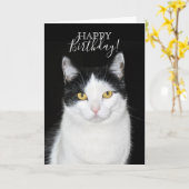Carte Portrait de chat noir et blanc (Fleur jaune)