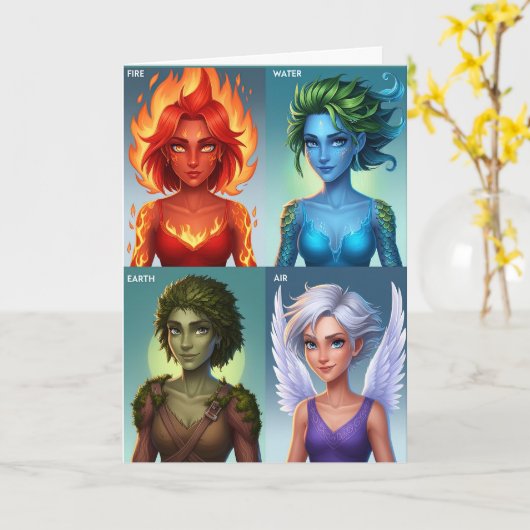 Carte Portrait de fantasy élémentaire Feu Eau Terre (Fleur jaune)