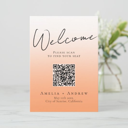 Carte Poser Orange Fuzz Mariage QR Code Seing Chart (Debout devant)