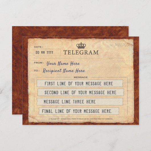 CARTE POST TELEGRAM AVEC VOTRE MESSAGE (Devant / Derrière)