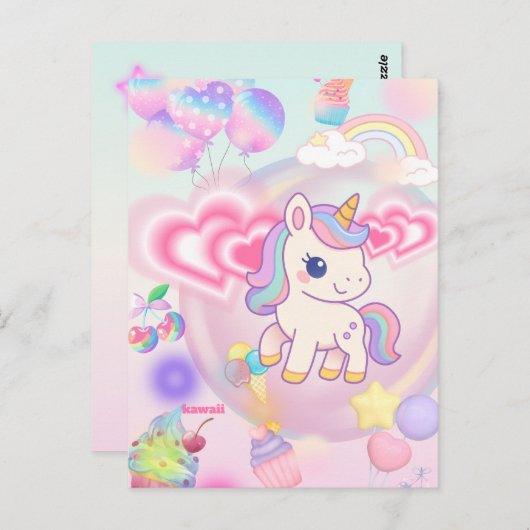 CARTE POSTALE かわいいピンクのゆるふわユニコーン♡ (Devant / Derrière)