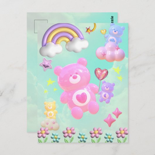 CARTE POSTALE かわいいブルーのゆるふわくまさん♡  (Devant / Derrière)