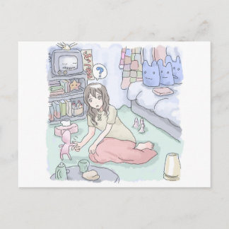 CARTE POSTALE さにしれじ 緑のカーペットが敷いてある寝室でへたり込んでいる女性のイラスト